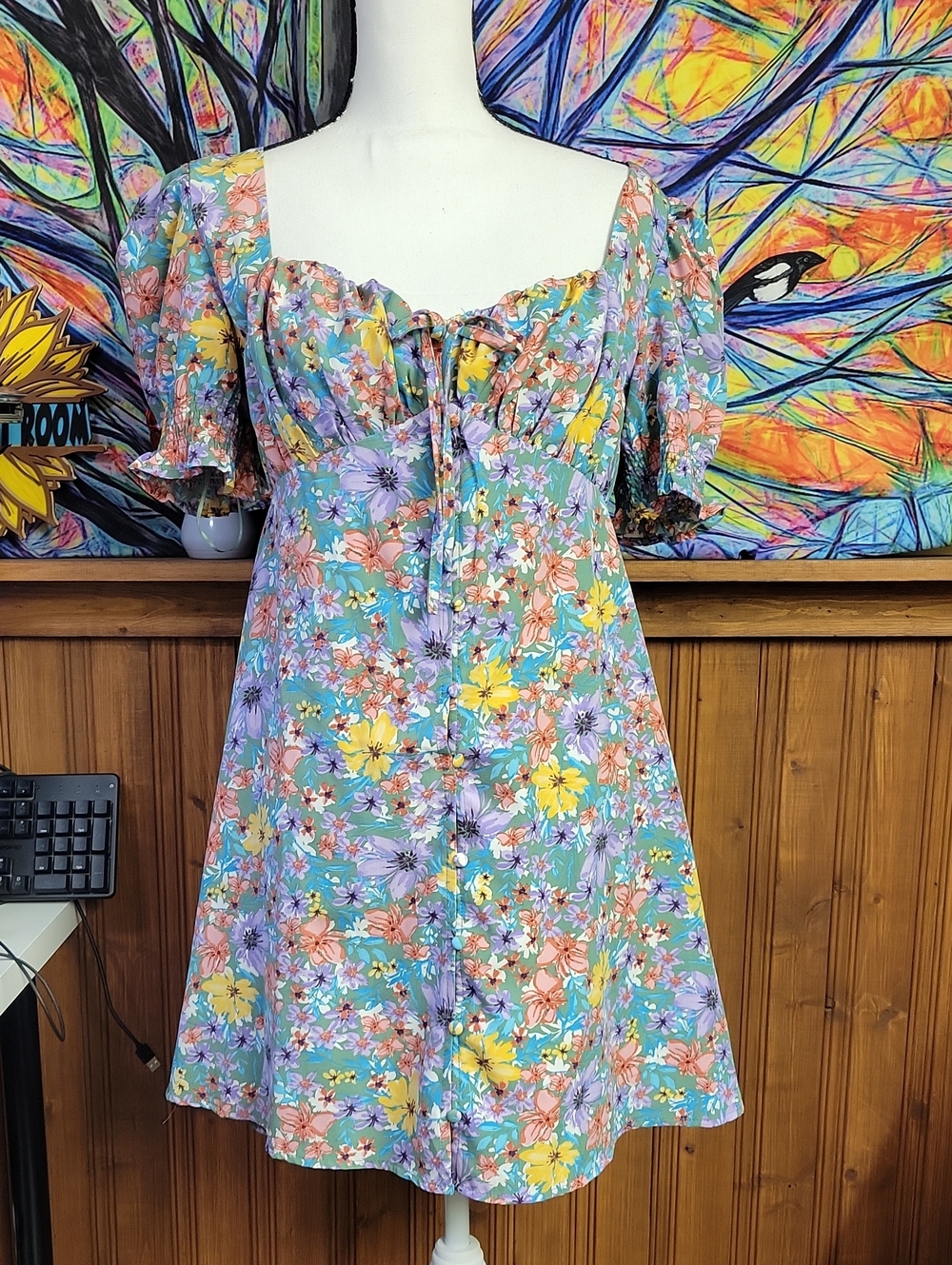 J.NNA Floral Puff-Sleeve Mini Dress in Pastel Multi size Med